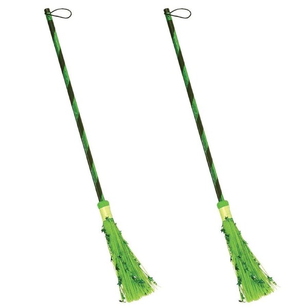 2PK Witch Broom Metallic GRN Scary Halloween Party Costume Broomstick Accessory