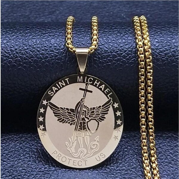 Archangel Saint Michael Medal Pendant Necklace Stainless Steel Protection Amulet
