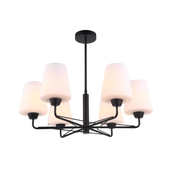 Luna Modern Classic Pendant Lamp Light Interior ESx6 W/ 6-Arms Matte Black/Opal Glass