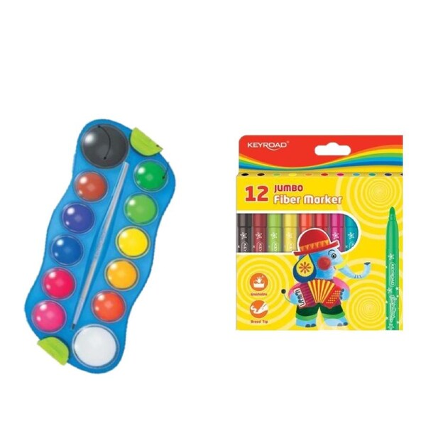 Keyroad Watercolour Paint & 12pc Markers Coloured Jumbo Drawing Craft Set