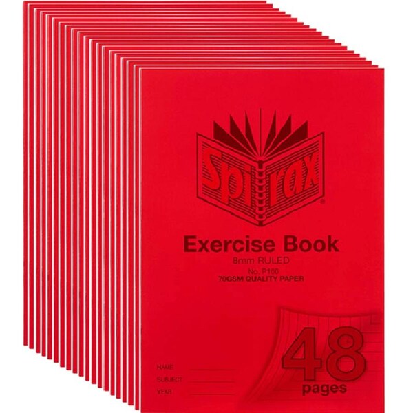 Spirax P100 Exercise Book Ruled 8mm 70gsm 48 Page A4 Red 20 Pack