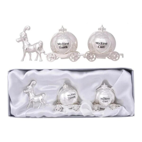 Baby Tooth Keepsake Box First Curl Girl Boy Christening Gifts Silver Carriage