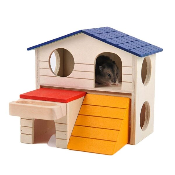 Nevenka Pet Small Animal Hideout Hamster House Deluxe Two Layers Wooden Hut Play Toys