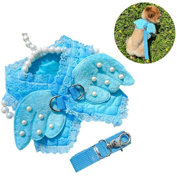 Nevenka Adorable Pet Dog Harness and Leash Set with Lace Artificial Pearl Angel Wing-Blue