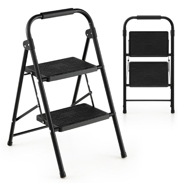 Costway 2-Step Folding Ladder Portable Stool Ladders Metal Heavy-Duty Stepladder 265kg Capacity Black