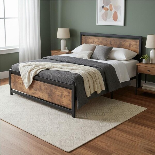 Levede Industrial Metal Bed Frame with Rustic Wood Headboard and Footboard – Queen Size
