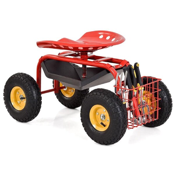 Costway Gardening Stool Cart Metal Garden Rolling Stool Rotatable Seat Adjustable w/Tool Tray Basket Red