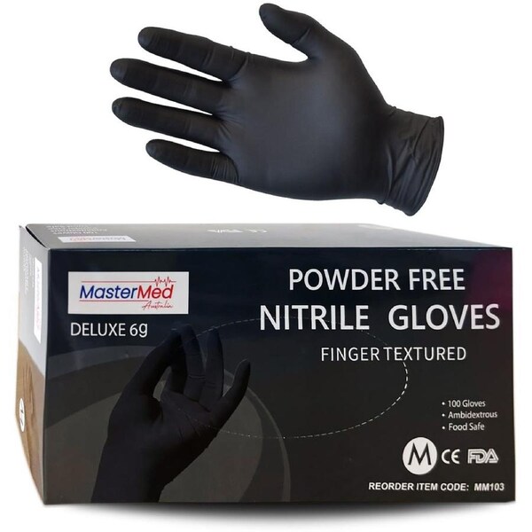 100pcs Mastermed Small Black Nitrile Gloves - Powder Free - Heavy Duty - Medium