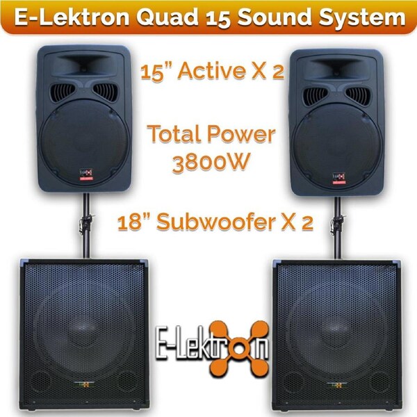 E-Lektron Quad 885 3800W Pro Audio Set with 2X15" inch Active Speakers 2X18" Subwoofer and Stand for Event DJ Party Disco Night