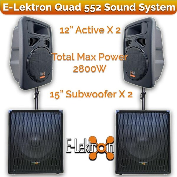 E-Lektron Quad 552 2800W Pro Audio Set with 2X12" inch Active Speakers 2X15" Subwoofer and Stand for Event DJ Party Disco Night
