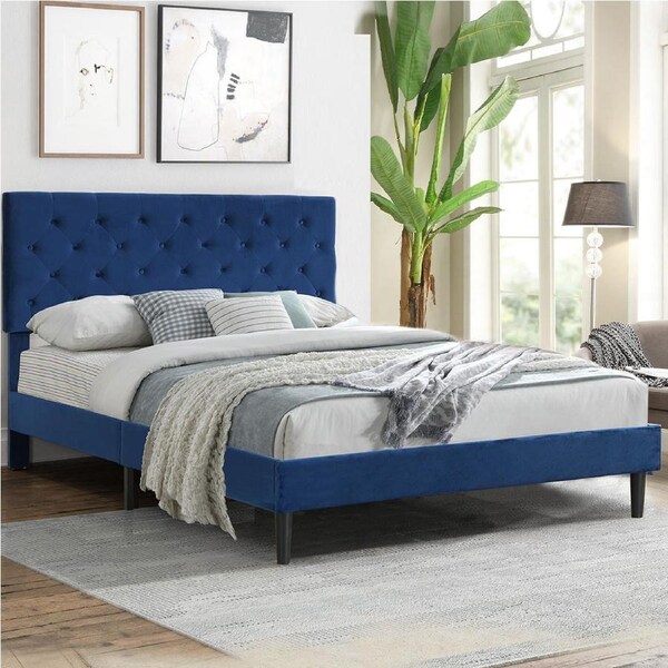 Levede Queen Bed Frame with Velvet Headboard & Wooden Base Blue