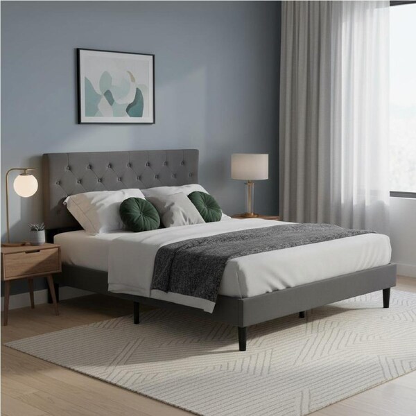 Levede Queen Bed Frame with Velvet Headboard & Wooden Base Grey