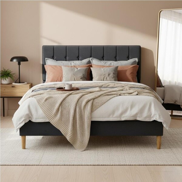 Levede Bed Frame Queen with Velvet Headboard Grey