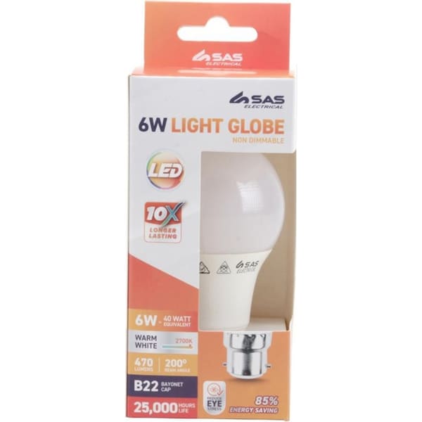 Ozoffer B22 Bayonet LED Globe Light Energy Saving Bulb 6W Lamp 220-240V Warm White