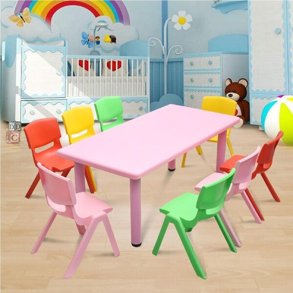 120x60cm Kid's Adjustable Rectangle Pink Table & 8 Mixed Chairs Set