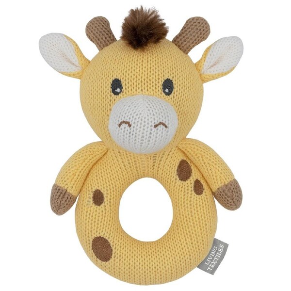 Living Textiles Newborn/Infant/Baby Cotton Knitted Ring Rattle Noah the Giraffe