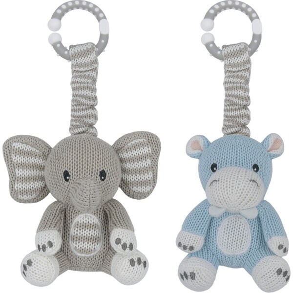 2pc Living Textiles Baby/Newborn Cotton Knitted Stroller Toys Elephant & Hippo