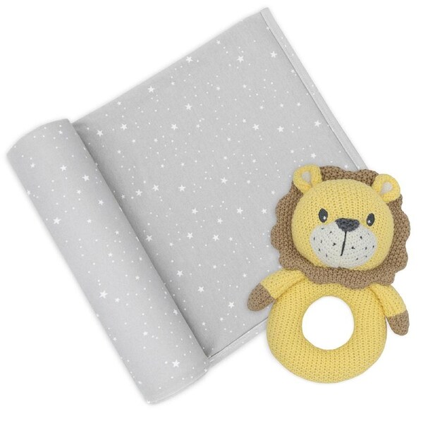 Living Textiles Cotton Jersey Swaddle & Rattle Stars/Lion Newborn/Infant Set