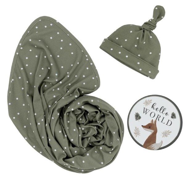 Living Textiles Newborn Baby Swaddle/Beanie Gift Giving Cotton Set Olive Spots