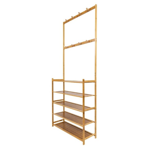 Large Wooden 5 Tiers Hat Coat Stand Clothes Shoe Rack Hanger Hooks Shelf Storage