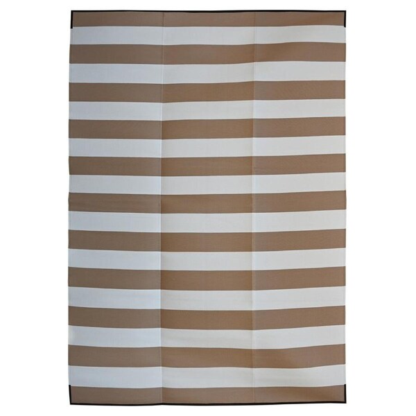 Brittany Beige & White Stripes Foldable Waterproof Large Camping Mat - 270 x 360 cm - Weatherproof Rug, Recycled Plastic, Sustainable, Eco Friendly UV Resistant, Durable Outdoor, Patio Rug