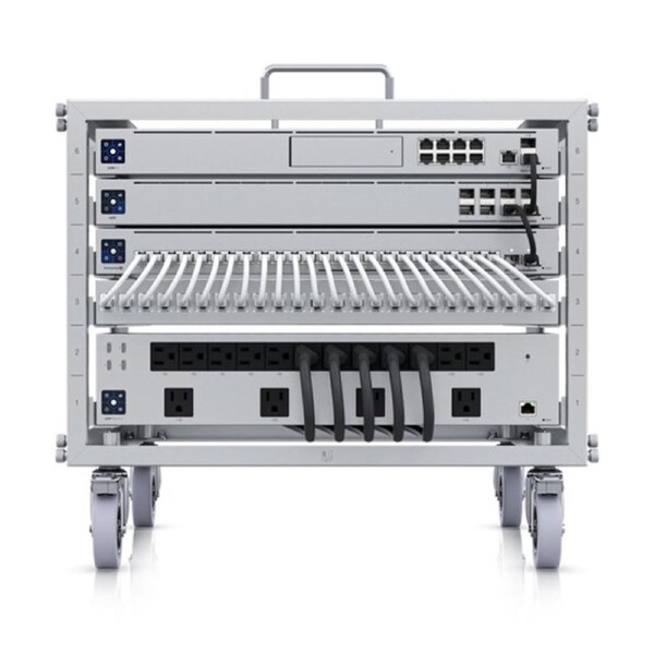 UBIQUITI 6U-sized device rack with a 24-port blank patch panel that can be assembled without tools