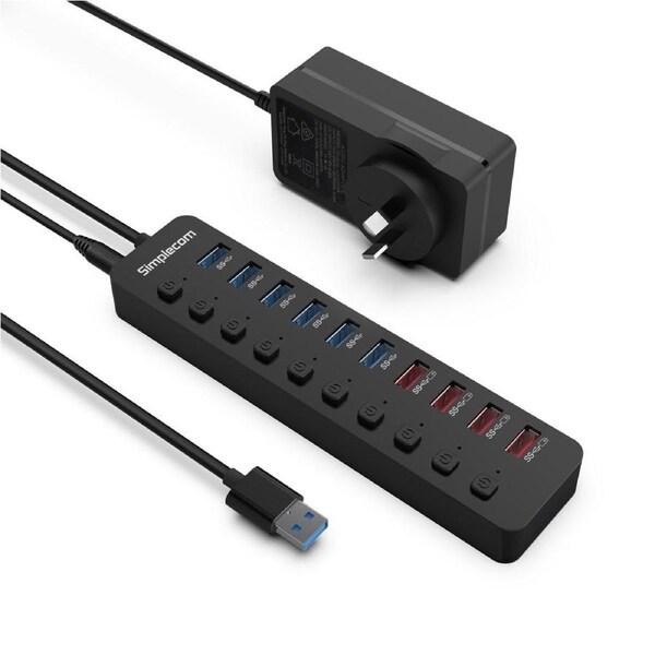 SIMPLECOM CHU810 48W 10-Port USB 3.0 Hub and Charger with Individual Switches 12V/4A Power Adapter BC1.2 Fast Charging