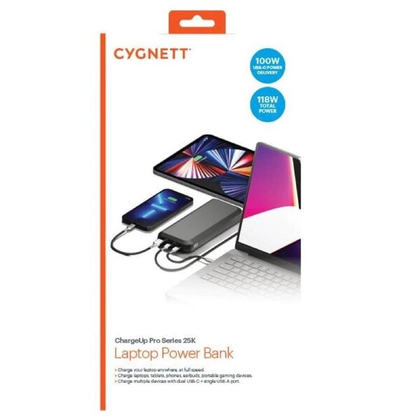 CYGNETT ChargeUp Pro Series 25K mAh Laptop Power Bank - Black (CY4131PBCHE), 1 x USB-C (100W), 1 x USB-C (18W), 1 x USB-A (18W), Type-C Cable Included