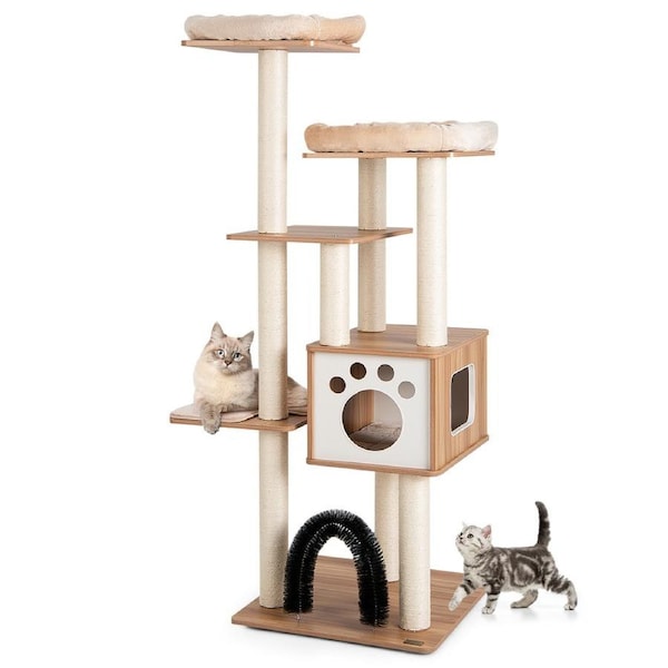 Costway 6-Layer Wood Cat Tree Tower Full Sisal Scratching Post Scratcher Cat Condo Pet House 176cm w/Self-Groomer Arch