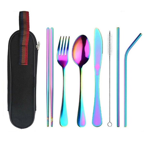 8pcs Portable Stainless Steel Tableware Dinnerware Travel Camping Cutlery
