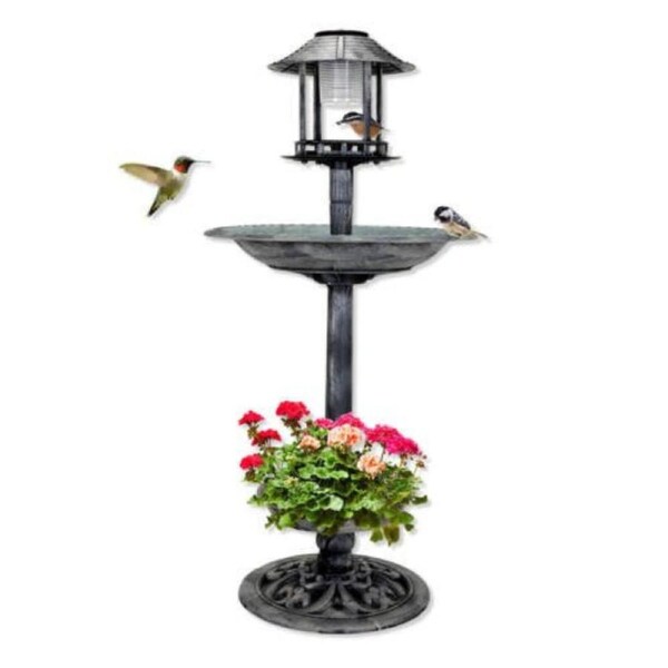 Garden Bird Bath Solar Power With Feeding Station and Lights - 1m