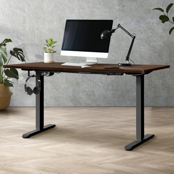 Oikiture 150CM Standing Desk Single Motor Black Frame Walnut Desktop
