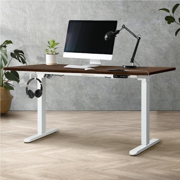 Oikiture 150CM Electric Standing Desk Single Motor White Frame Walnut Desktop
