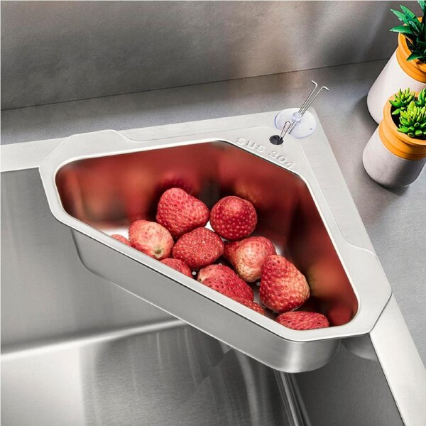 Triangle Sink Kitchen Storage Drain Basket Rack Shelf Holder Strainer Organizer Stainless Steel Black