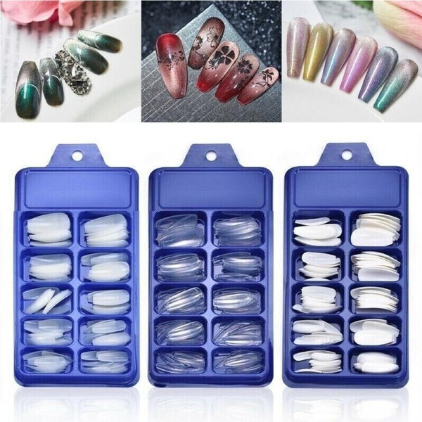 100Pcs Nail Coffin Fake False Long Art Full Cover Nails Manicure Tips - Clear