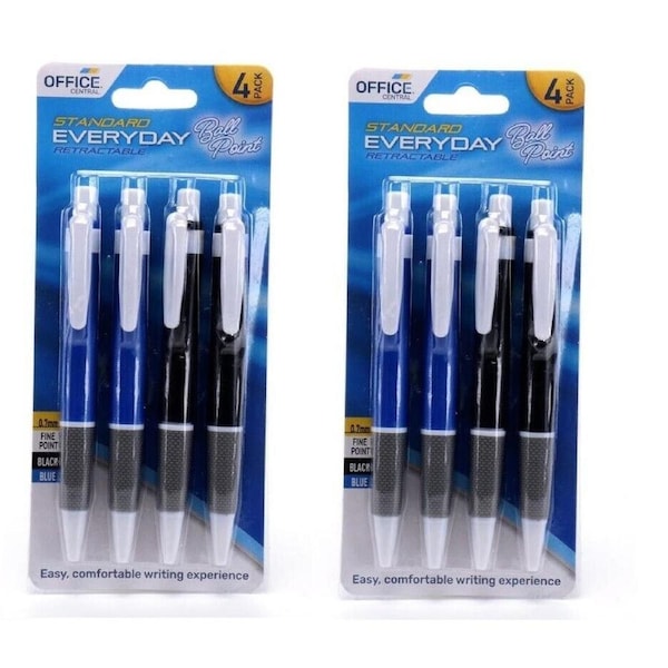 8x Pen Standard Retractable Ballpoint Pen Fine Point 0.7mm - Black and Blue