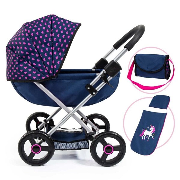 Bayer Cosy Doll Pram - Dark Blue with Pink Heart