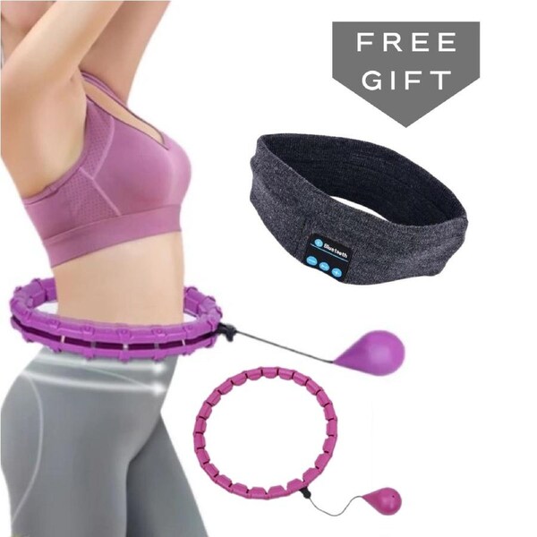 24 Knots Smart Hula Hoop Fitness Detachable Hoops Weight - Purple with Wireless Bluetooth Headband w/Mic