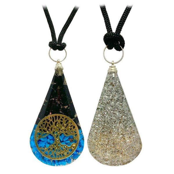 Black Tourmaline & Turquoise Tree of Life Teardrop Orgonite Pendant Necklace