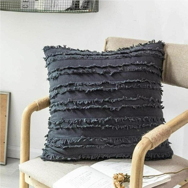 1x Boho Tassels Fringe Cushion Cover Striped Decorative Lounge 45x45 - Grey