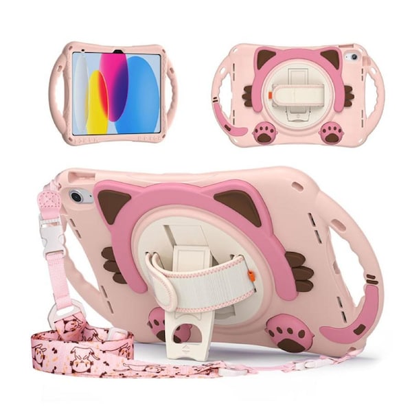 Nevenka Cat Tablet Case For iPad 10th Rugged with Shoulder Strap-Pink