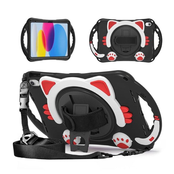 Nevenka Cat Tablet Case For iPad 10th Rugged with Shoulder Strap-BlackRed