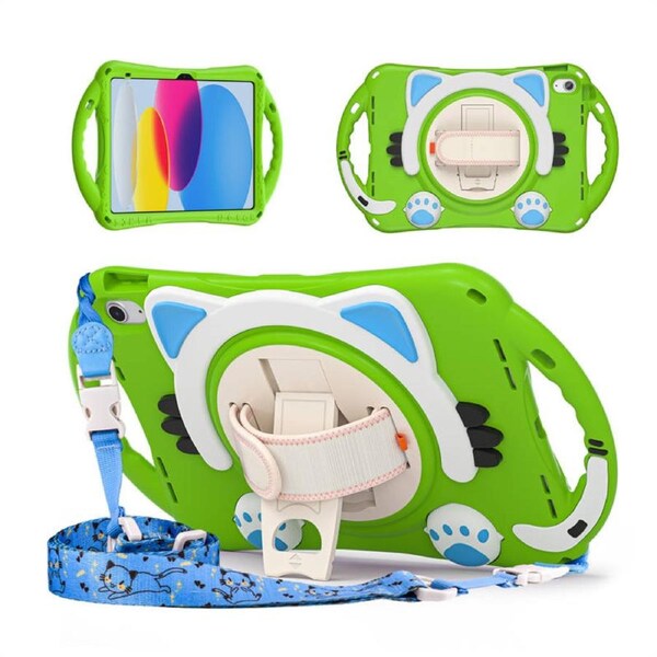 Nevenka Cat Tablet Case For iPad 10th Rugged with Shoulder Strap-Green