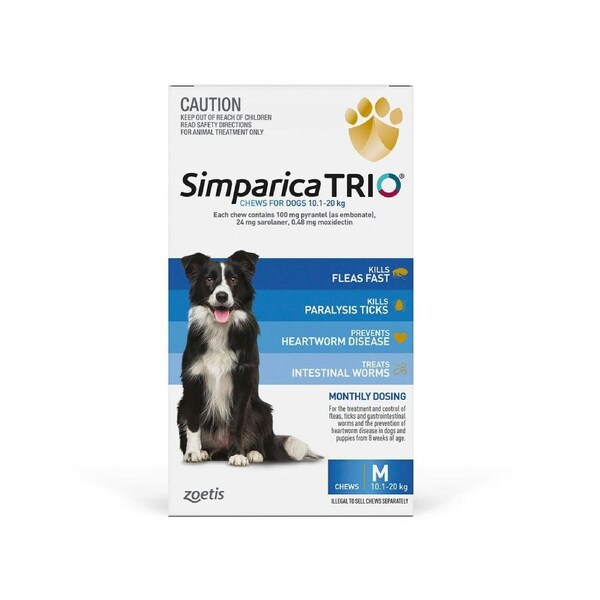 Simparica TRIO for Medium Dogs 10.1 to 20 Kg (Blue) 3 Chews