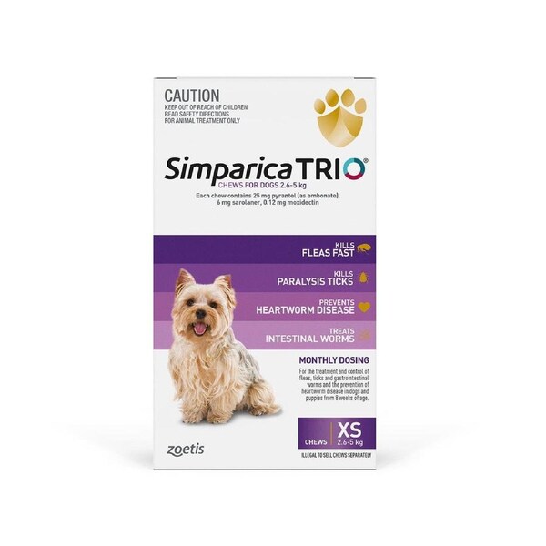 Simparica TRIO for Very Small Dogs 2.6 to 5 Kg (Purple) 6 Chews