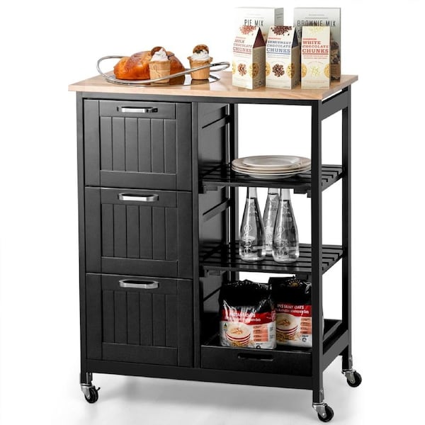 Giantex Mobile Kitchen Island Rolling Cart w/Rubber Wood Countertop & 3 Drawers Lockable Steel Casters Serving Trolley Black