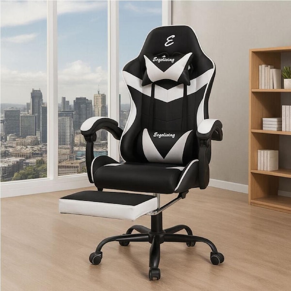 Ergoliving Computer Gaming Racing Chair Work Seat Office Recliner Pu Leather White