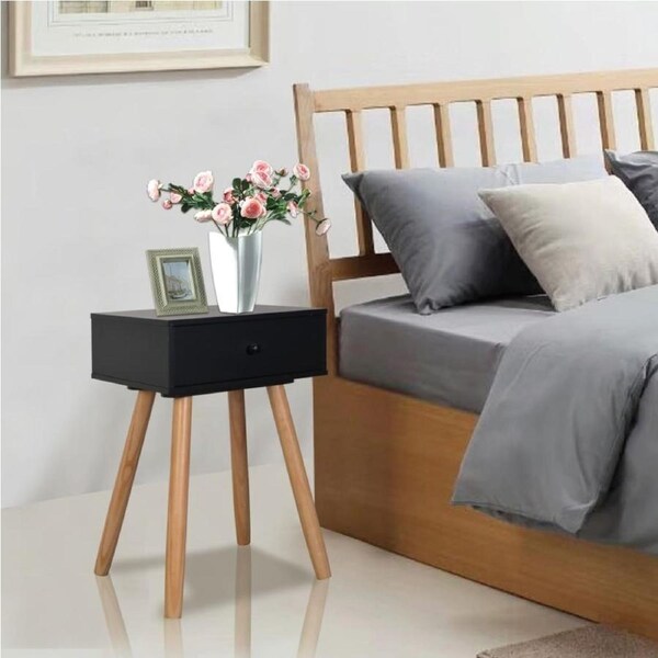 Verona Bedside Tables X2 Nightstand Retro Side Accent Table Drawers Black Wood