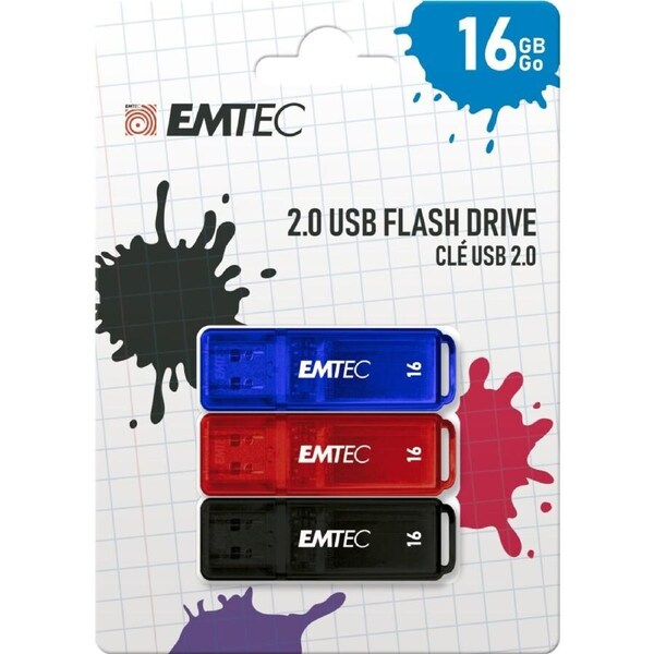 Emtec K100 USB 2.0 16GB Memory Storage Stick Flash Drive 3 Pack Red/Blue/Black