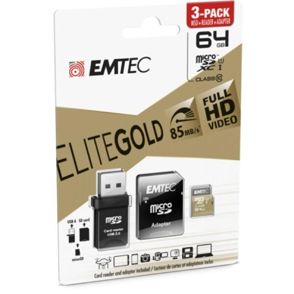 Emtec MicroSD Card SDXC UHS I Memory Card 64GB Class 10 With SD & USB Adapter